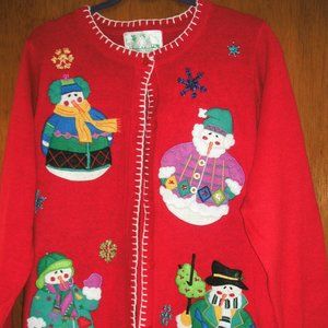 Quacker Factory Red Christmas Snowman Applique Cardigan Sweater Large